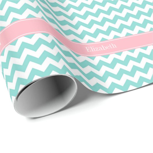 Turq / Aqua Wht Chevron Pink Name Monogram Cadeaupapier (Rol Hoek)