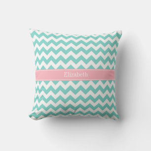 Turq / Aqua Wht Chevron Pink Name Monogram Kussen