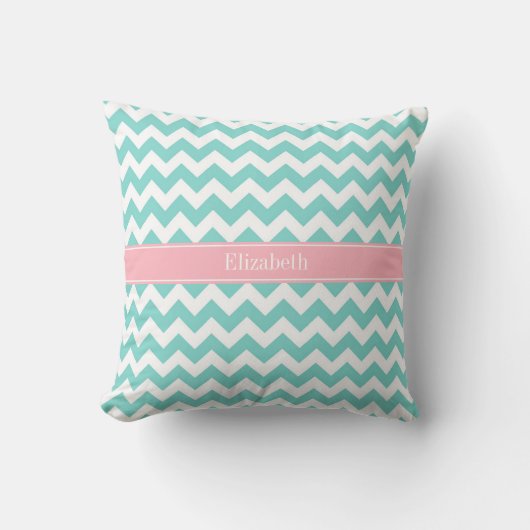 Turq / Aqua Wht Chevron Roze Naam Monogram Kussen (Voorkant)