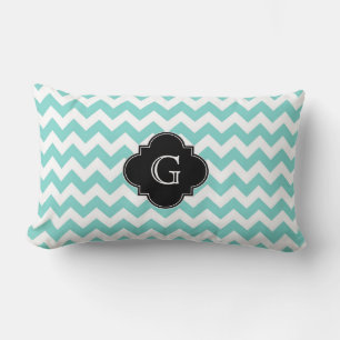Turq / Aqua Wht Chevron Zwart Quatrefoil Monogram Kussen