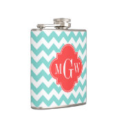 Turq Aqua Wit Chevron Koraal Vierblad 3 Monogram Heupfles (Rechts)