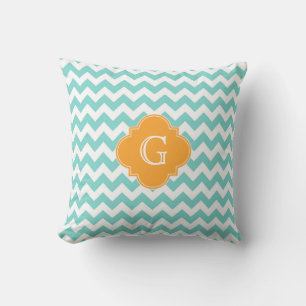 Turq Wht Chevron Cantaloupe Vierblad Monogram Kussen
