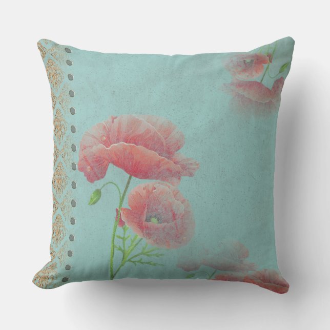 Turqoise Baroque Poppies - Pillow Kussen (Voorkant)