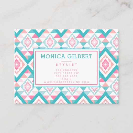 Turqoise en roze Geometric Aztec Pattern Visitekaartje (Voorkant)