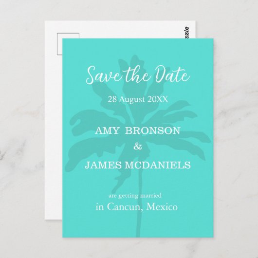 Turqoise Modern Tropical Palm Beach Save the Date Briefkaart (Voorkant / Achterkant)