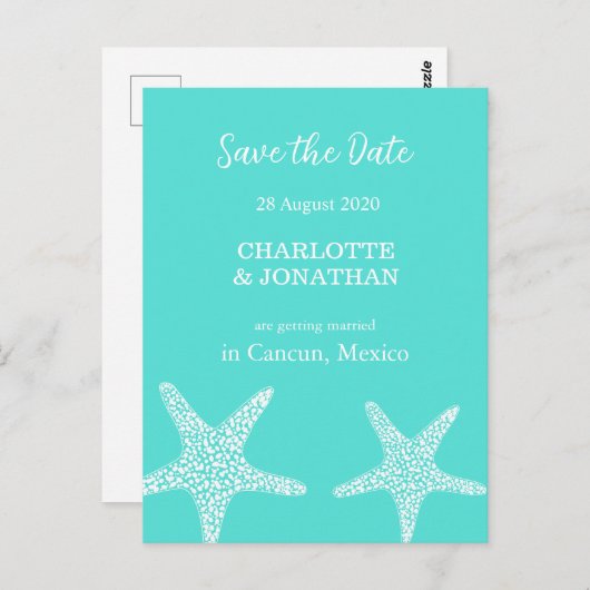 Turqoise Modern Tropical Starfish Beach Wedding Briefkaart (Voorkant / Achterkant)