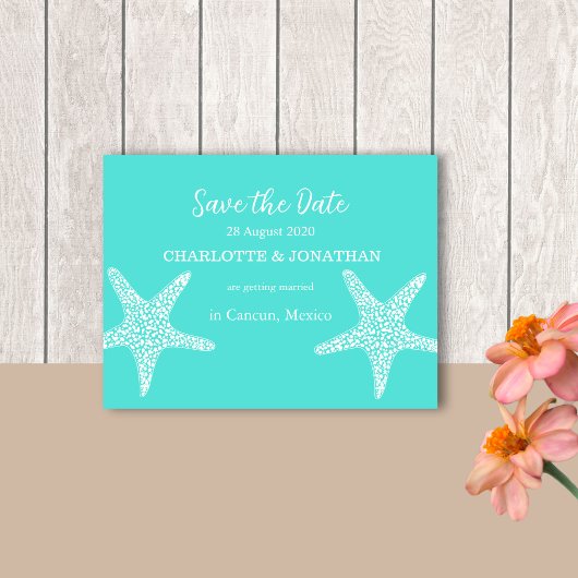 Turqoise Modern Tropical Starfish Beach Wedding Briefkaart