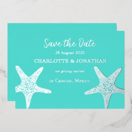 Turqoise Modern Tropical Starfish Beach Wedding Folie Uitnodiging