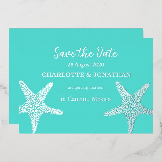 Turqoise Modern Tropical Starfish Beach Wedding Folie Uitnodiging (Voorkant / Achterkant)