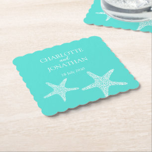 Turqoise Modern Tropical Starfish Beach Wedding Kartonnen Onderzetters