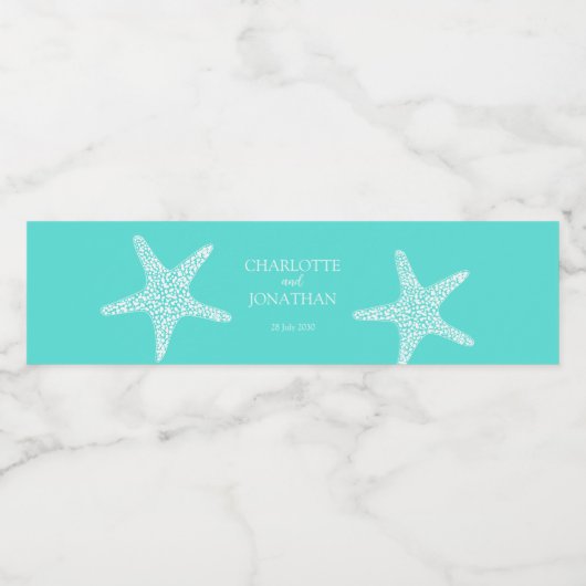 Turqoise Modern Tropical Starfish Beach Wedding Waterfles Etiket (Enkel label)