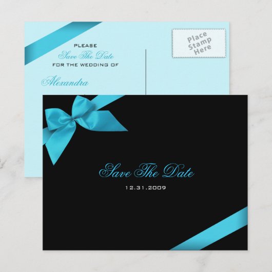 Turqoise Ribbon Wedding Save the Date 2 Aankondigingskaart (Voorkant / Achterkant)