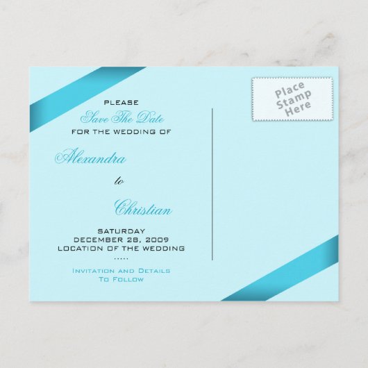 Turqoise Ribbon Wedding Save the Date 2 Aankondigingskaart (Achterkant)