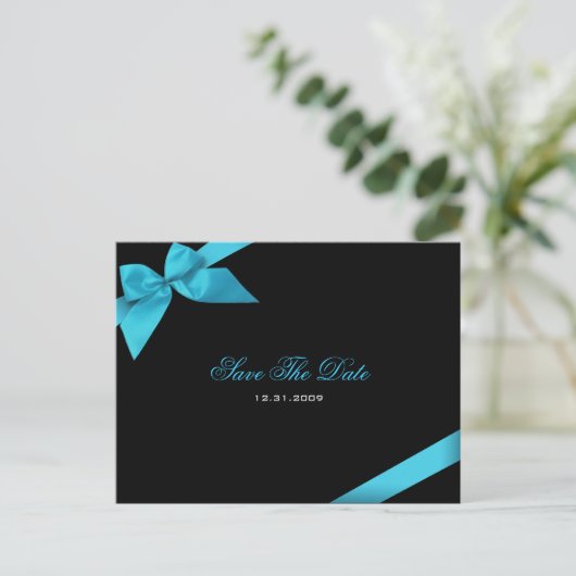 Turqoise Ribbon Wedding Save the Date 2 Aankondigingskaart (Staand voorkant)