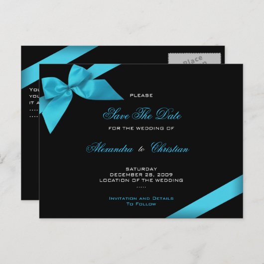 Turqoise Ribbon Wedding Save the Date 4 Aankondigingskaart (Voorkant / Achterkant)