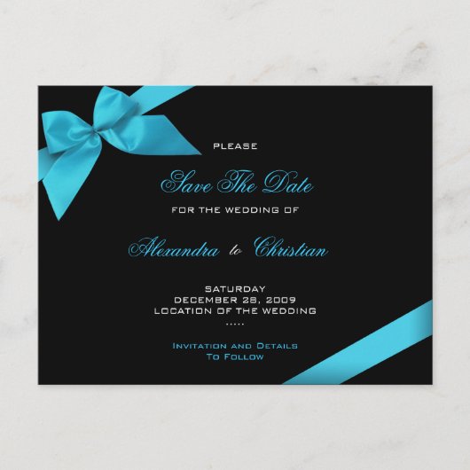 Turqoise Ribbon Wedding Save the Date 4 Aankondigingskaart (Voorkant)