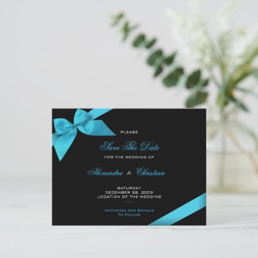Turqoise Ribbon Wedding Save the Date 4 Aankondigingskaart (Staand voorkant)