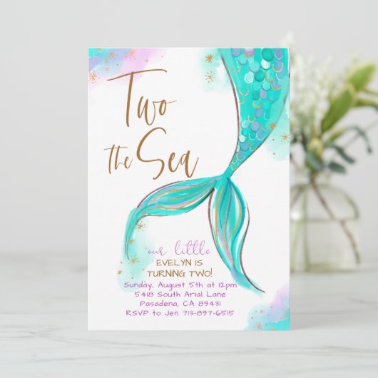 Turqoise Zeemeermin Party Twee Het Zee 2e Verjaard Kaart (Staand voorkant)