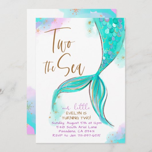 Turqoise Zeemeermin Party Twee Het Zee 2e Verjaard Kaart (Voorkant / Achterkant)