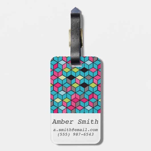 Turqouise- en roze-kubuspatroon bagagelabel (Achterkant verticaal)