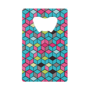 Turqouise- en roze-kubuspatroon creditkaart flessenopener