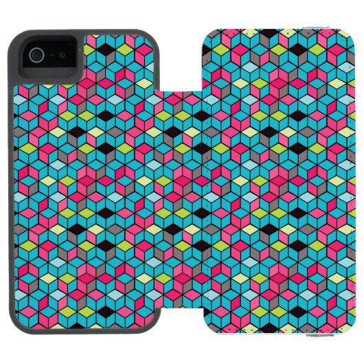 Turqouise- en roze-kubuspatroon incipio iPhone portemonnee hoesje (Agenda Open)
