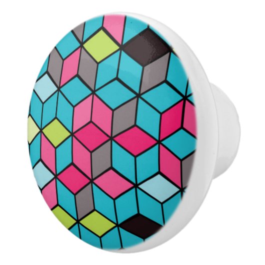 Turqouise- en roze-kubuspatroon keramische knop (Rechts)