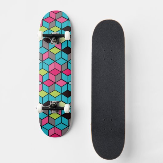 Turqouise- en roze-kubuspatroon persoonlijk skateboard (Voorkant)