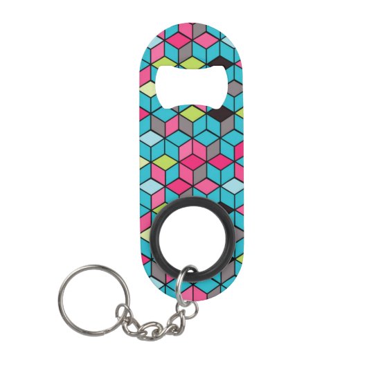Turqouise- en roze-kubuspatroon sleutelhanger flessenopener (Voorkant)