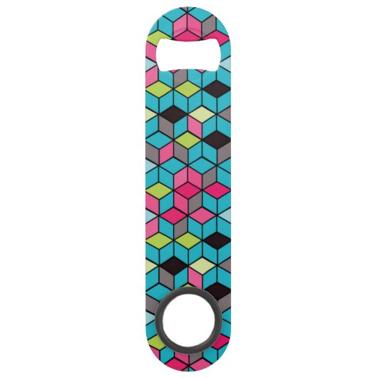 Turqouise- en roze-kubuspatroon speed flessenopener (Achterkant)