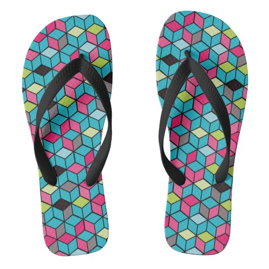 Turqouise- en roze-kubuspatroon teenslippers (Voetbed)