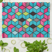 Turqouise- en roze-kubuspatroon theedoek (Gevouwen)