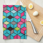 Turqouise- en roze-kubuspatroon theedoek (Quarter Fold)