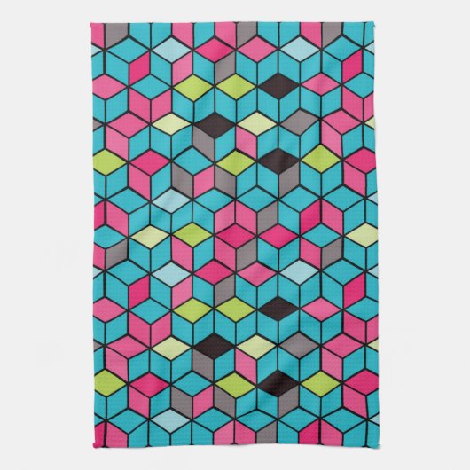 Turqouise- en roze-kubuspatroon theedoek (Verticaal)