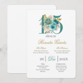 Turqouise floral quinceañera invitation kaart (Voorkant / Achterkant)