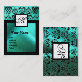 TURQUASE BLUE SILK DAMASK CLOTH, SQUARE MONOGRAM VISITEKAARTJE (Voorkant / Achterkant)