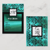 TURQUASE BLUE SILK DAMASK CLOTH, SQUARE MONOGRAM VISITEKAARTJE (Voorkant / Achterkant)