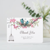 Turquiose Birds Pink Cherry Blossom Birdcage Bedankkaart (Staand voorkant)