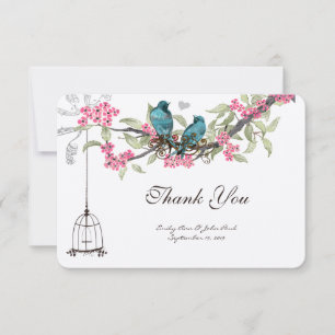 Turquiose Birds Pink Cherry Blossom Birdcage Bedankkaart