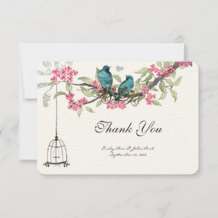 Turquiose Birds Pink Cherry Blossom Birdcage Bedankkaart