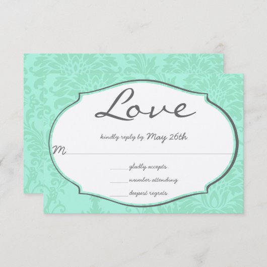Turquiose Mint Damask Wedding RSVP Kaart (Voorkant / Achterkant)