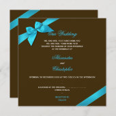 Turquiose Ribbon op Chocolate Brown Wedding Kaart (Voorkant / Achterkant)