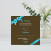 Turquiose Ribbon op Chocolate Brown Wedding Kaart (Staand voorkant)