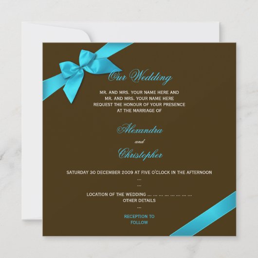 Turquiose Ribbon op Chocolate Brown Wedding Kaart (Voorkant)