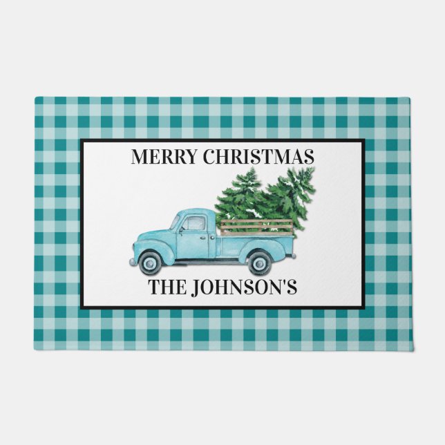 Turquois Blue Truck Turquoise Check Kerstmis Deurmat (Voorkant)