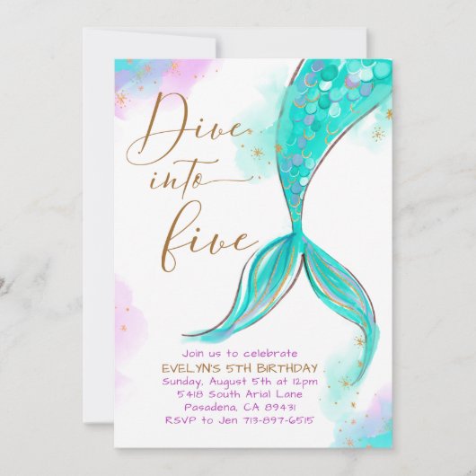 Turquois zeemeermin duik in vijf 5e verjaardagsfee kaart (Voorkant)