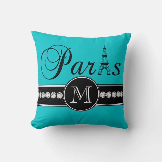 Turquoise 00c5cd Black Paris Monogrammed Kussen (Voorkant)