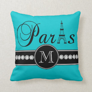 Turquoise 00c5cd Black Paris Monogrammed Kussen