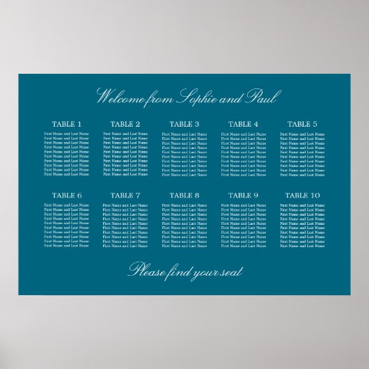 Turquoise 10 Table Wedding Seating Chart Poster (Voorkant)