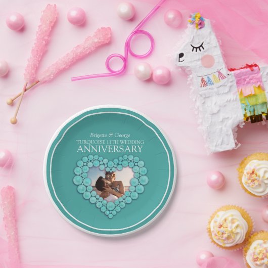 Turquoise 11th Wedding Jubileum foto hart Papieren Bordje (Feest)